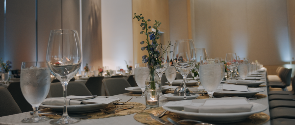 Dallas Wedding Videographer | Dana and Jordan | Watermark Church and HALL Arts Museum Wedding - Table setting during reception