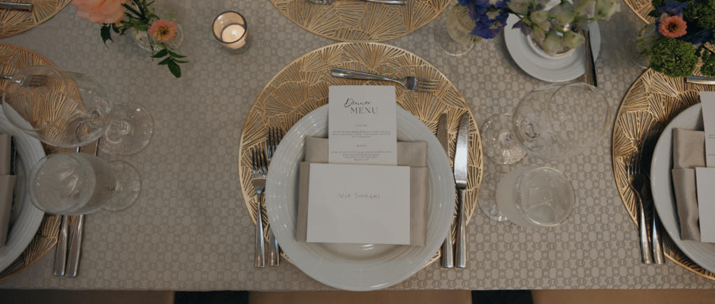 Dallas Wedding Videographer | Dana and Jordan | Watermark Church and HALL Arts Museum Wedding - table setting during reception