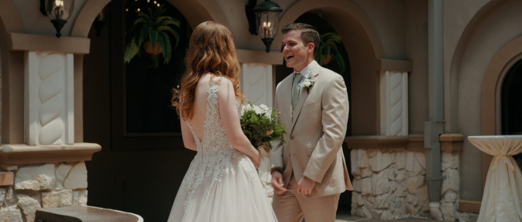 Dallas Wedding Videographer | Ryleigh and Noah | Aristide in Colleyville, TX - first look with groom seeing the bride in her dress for the first time